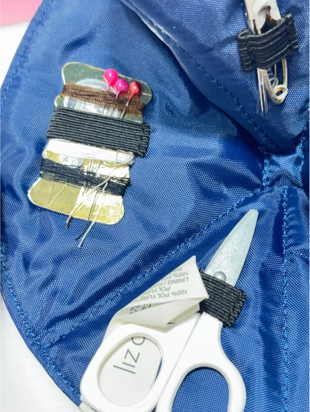 Liz Claiborne Compact Navy Blue Sewing Kit with Scissors, Tape Measure, and Pins